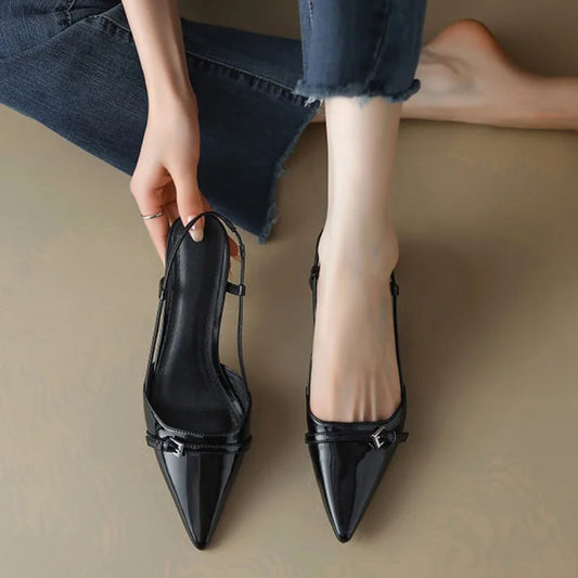 Step into Elegance: 2024 New Summer Women's Patent Leather Slip-On Pointed Toe Sandals with Mid Heels and Buckle Slingbacks