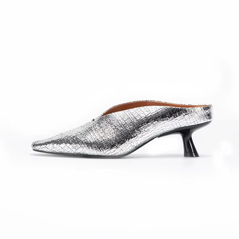 Croc-Texture Leather Mule Heels