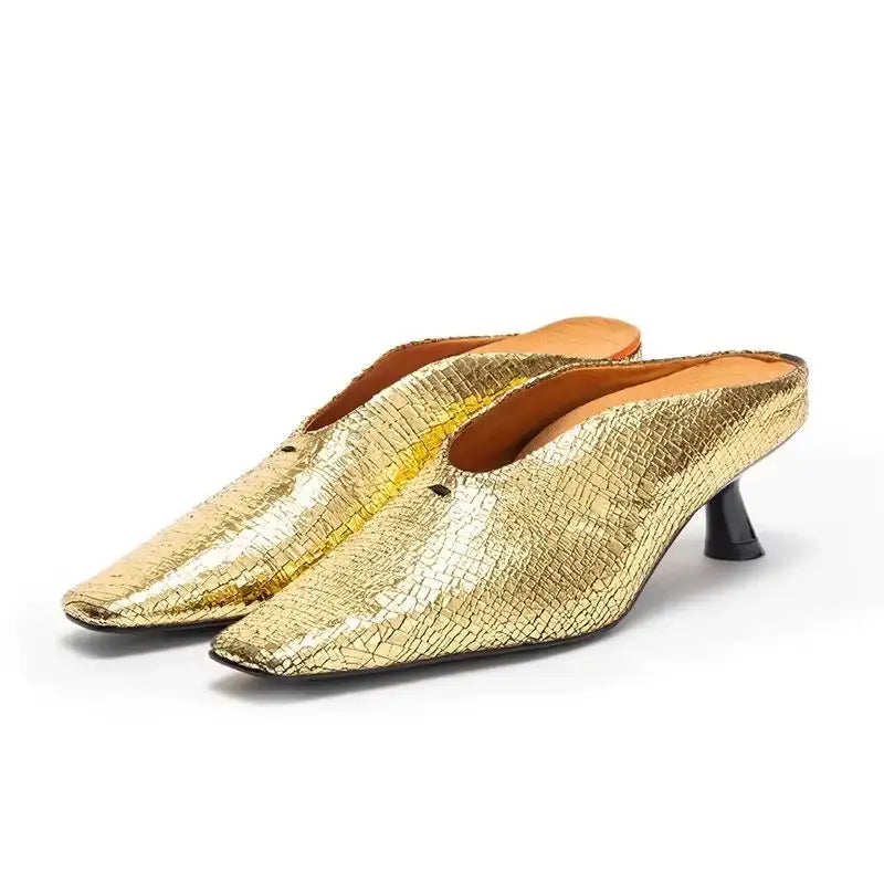 Croc-Texture Leather Mule Heels