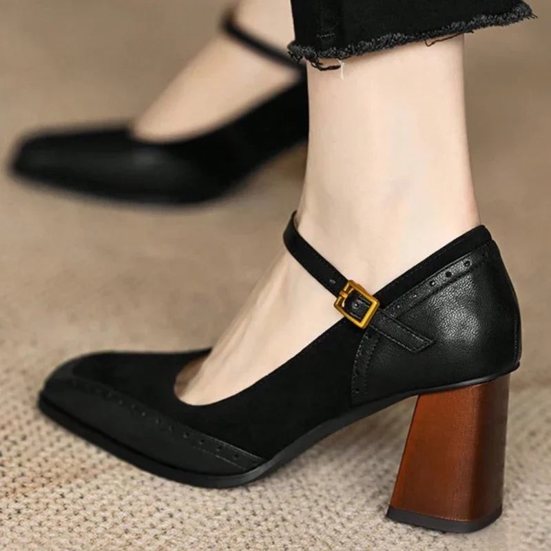 Step Out in Style with Our 2025 New Fashion French Women's Black Square Toe Chunky Heel Pumps – Perfect for Any Occasion!