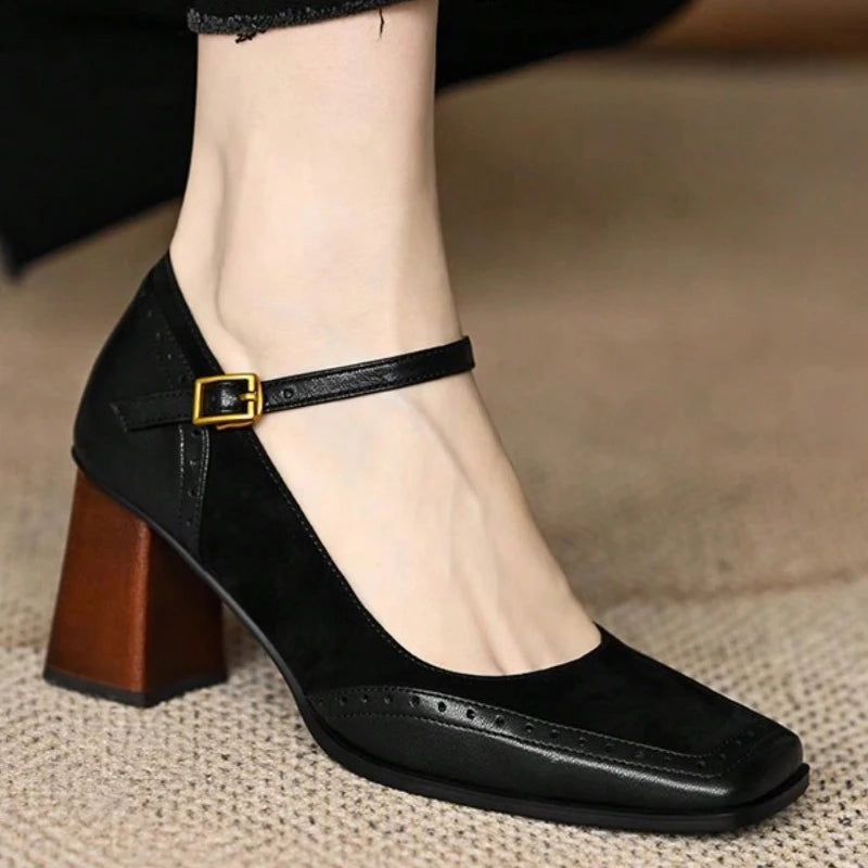 Step Out in Style with Our 2025 New Fashion French Women's Black Square Toe Chunky Heel Pumps – Perfect for Any Occasion!
