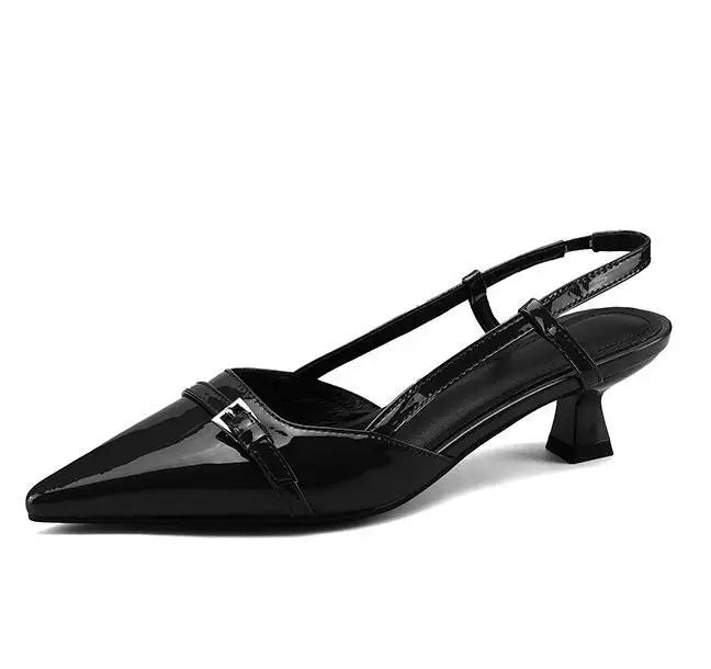 Step into Elegance: 2024 New Summer Women's Patent Leather Slip-On Pointed Toe Sandals with Mid Heels and Buckle Slingbacks