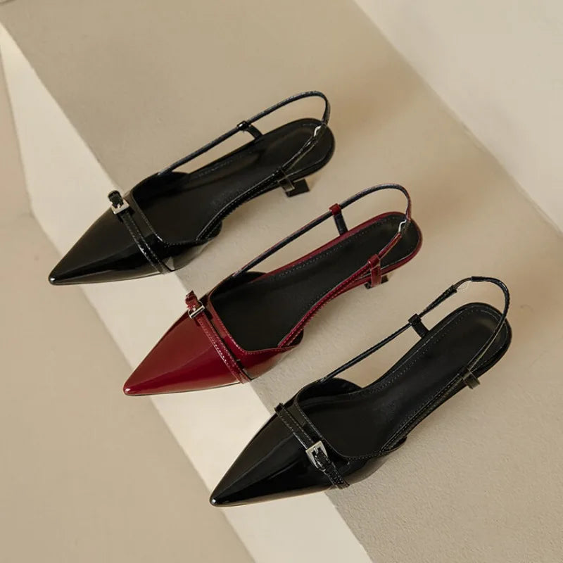 Step into Elegance: 2024 New Summer Women's Patent Leather Slip-On Pointed Toe Sandals with Mid Heels and Buckle Slingbacks