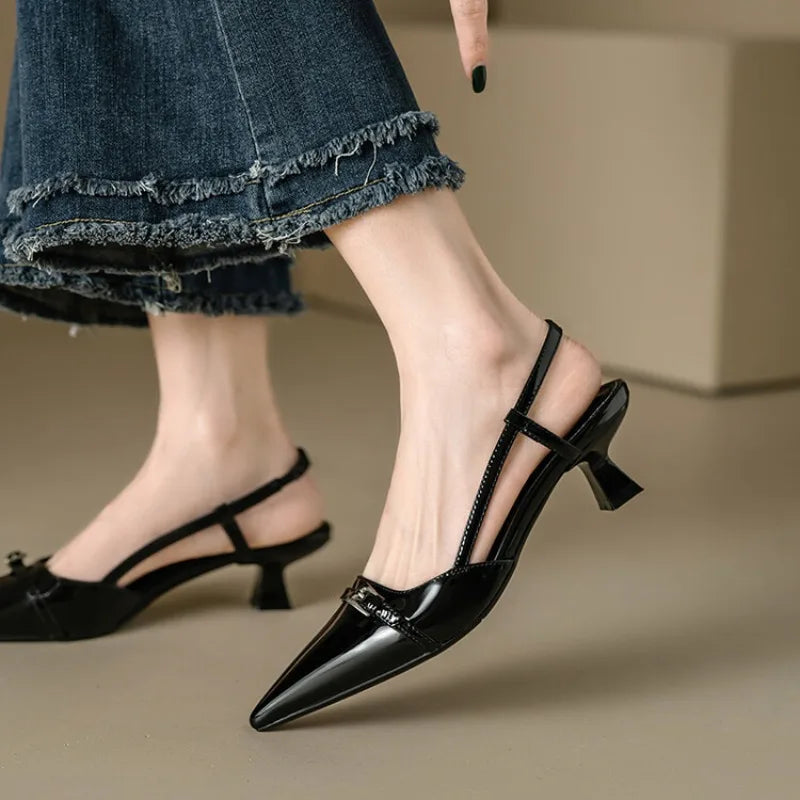 Step into Elegance: 2024 New Summer Women's Patent Leather Slip-On Pointed Toe Sandals with Mid Heels and Buckle Slingbacks