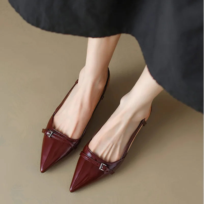 Step into Elegance: 2024 New Summer Women's Patent Leather Slip-On Pointed Toe Sandals with Mid Heels and Buckle Slingbacks